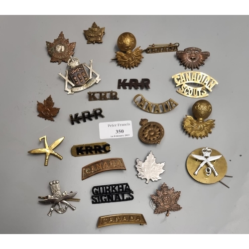 350 - Collection of cap and other badges, to include: Royal Fusiliers, Gurkha Signals, Canadian Scouts, Ca... 