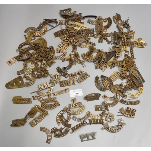 353 - Box of various brass military shoulder titles, to include: Hampshire, Bedford, Border, Norfolk etc. ... 