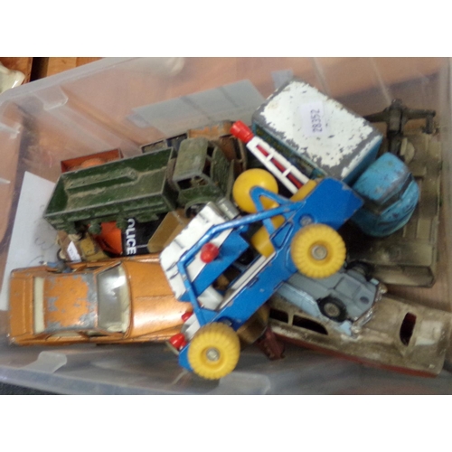 411 - Plastic tub of playworn diecast and other model vehicles: Corgi, Dinky etc.  (B.P. 21% + VAT)