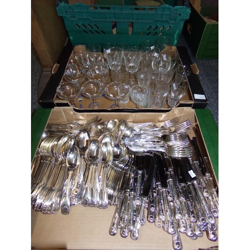 412 - Two boxes, one of assorted silver plate and stainless steel cutlery: forks, knives, spoons, teaspoon... 