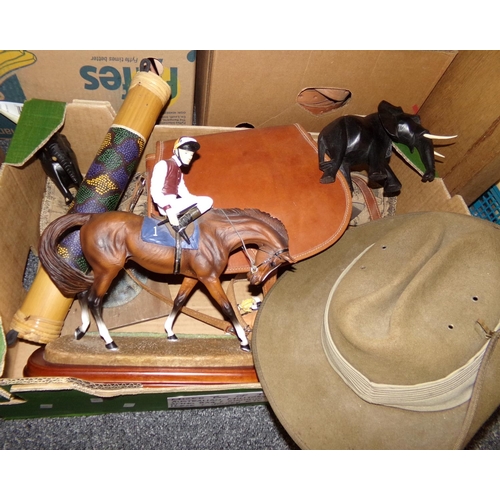 415 - Box of mixed items: Australian military hat, Aboriginal shaker musical instrument, tan leather bag, ... 