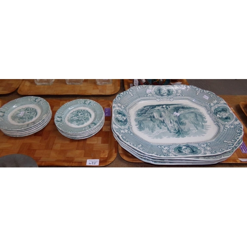 438 - Four trays of Abbey ironstone part dinnerware: eleven dinner plates, eleven side plates, twelve tea ... 