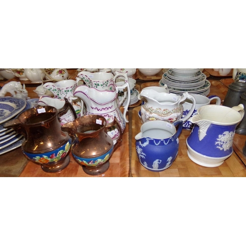 443 - Two trays of 19th and 20th Century jugs: Jasperware, Doulton 'Willow', Wilton pottery, hand decorate... 