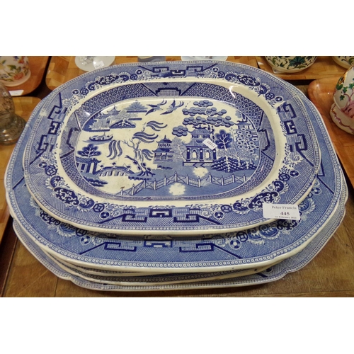 445 - Seven Staffordshire 'willow pattern' blue and white meat plates: five the same size, one large, one ... 