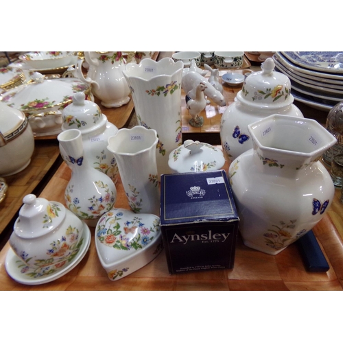 446 - Tray of Aynsley 'Cottage Garden' porcelain: two lidded ginger jars, four vases, heart shaped trinket... 