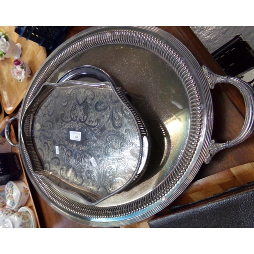 448 - Three tea trays: silver plate on copper tray with chased decoration and reticulated sides, large Map... 