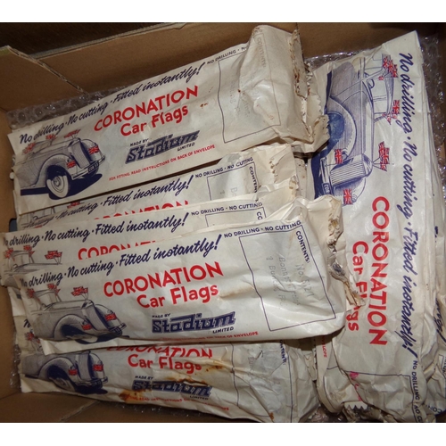 453 - Box of stadium coronation car flags in their original paper packets. 
(B.P. 21% + VAT)