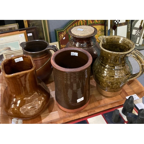 475 - Tray of pottery brown and green glazed items: jug, canister etc.  (B.P. 21% + VAT)