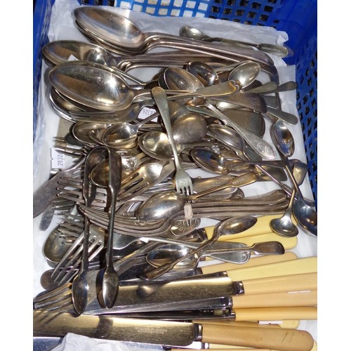 429 - Box of assorted cutlery, some silver plate, some vintage Mapin & Webb, stainless steel knives stampe... 