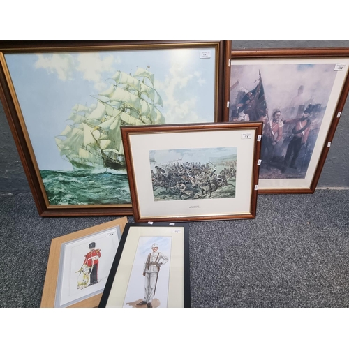 138 - Group of assorted maritime and military furnishing prints, various including: clipper ships, battle ... 