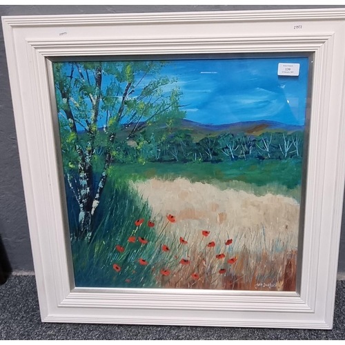 139 - Jen Driffield (?), (British 20th century), 'Poppies and the Harvest, Fife'.  Signed, acrylic on boar... 