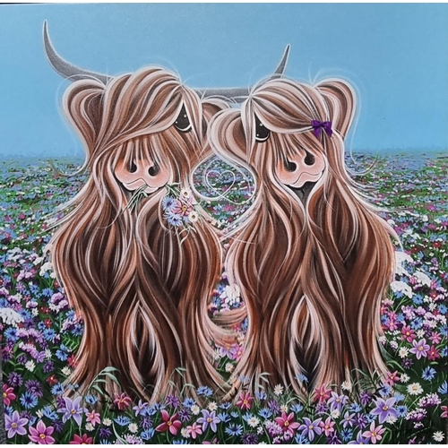 142 - After J Hogwood, highland cattle in a field of flowers, coloured print on canvas.  76x76cm approx.  ... 