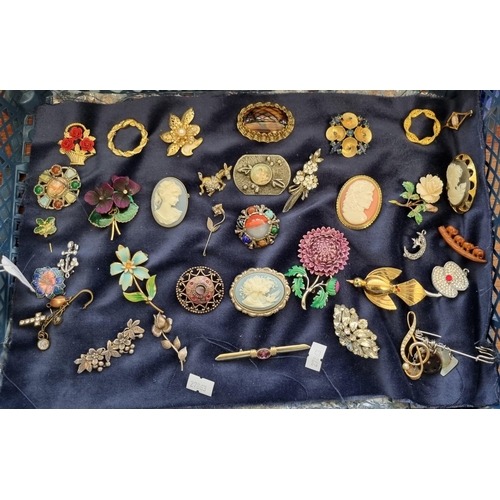 197 - Collection of vintage and other brooches, to include: Scottish, cameos, donkey, roses etc.  (B.P. 21... 