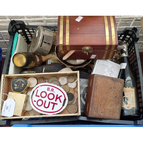 201 - Box of oddments, to include: vintage B.R. look out enamel sign, various coins and bank notes, desk b... 