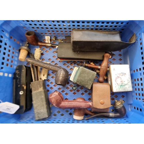 202 - Box of oddments, to include: vintage pipes some in their original cases, cut-throat razors, porcelai... 