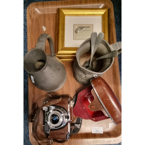 206 - Tray of items to include: 19th century conical pewter pint jug by W. G. Edmonds of Dublin, together ... 