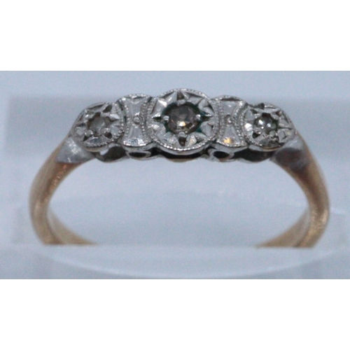 248 - 9ct gold three stone Art Deco style illusion set engagement ring. Size 11 + 1/2?
(B.P. 21% + VAT)