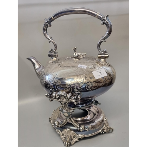 225 - Victorian silver plated spirit kettle on stand of large proportions, ornately decorated with scrollw... 