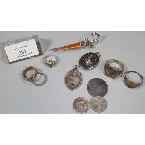 281 - Collection of silver and other costume jewellery items, various.
(B.P. 21% + VAT)