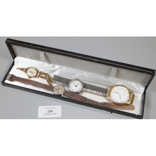 289 - Collection of wristwatches to include: 9ct gold lady's bracelet wristwatch and three others. 
(B.P. ... 