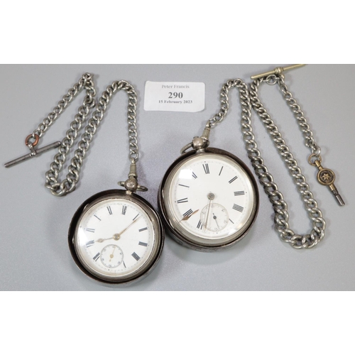 290 - Silver key wind open faced lever pocket watch with Roman numerals and seconds dial, on white metal c... 