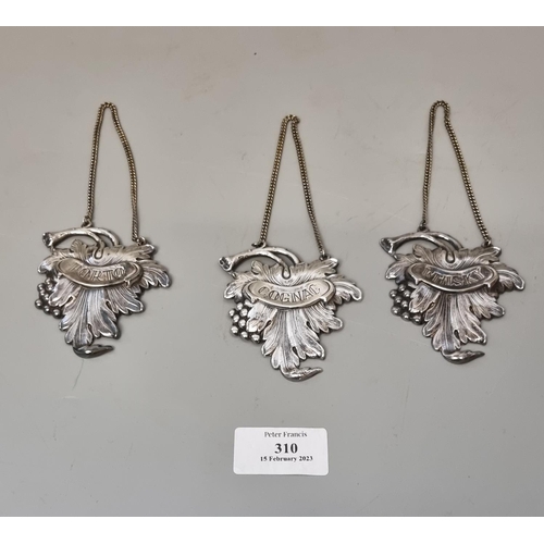 310 - Matching set of three repousse vine leaf design decanter labels and chains, 'Whiskey', 'Porto' and '... 