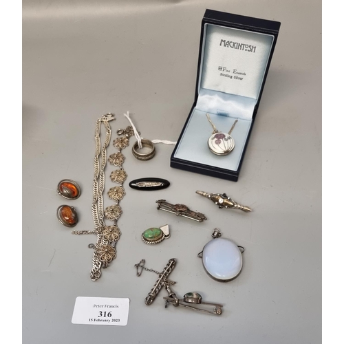 316 - Small collection of assorted silver costume jewellery items including a Mackintosh design enamelled ... 