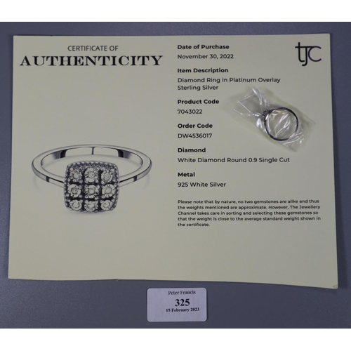 325 - Modern diamond ring in platinum overlay sterling silver.  With COA.  (B.P. 21% + VAT)