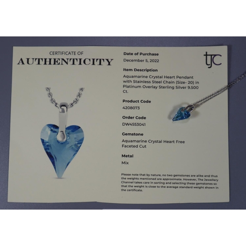 327 - Modern aquamarine crystal heart pendant with stainless steel chain (size 20) in platinum overlay ste... 