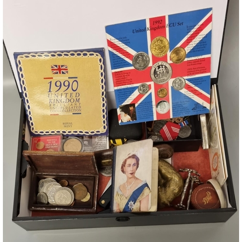 344 - Box of assorted items, to include: coins, medals ,penknives, Queen Elizabeth II book of Common Praye... 