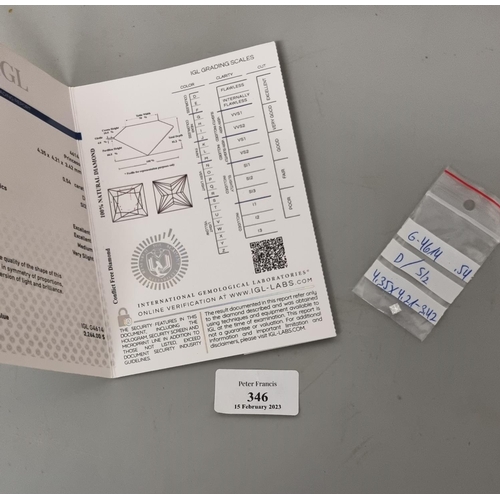 346 - Unmounted Princess cut diamond with IGL Certificate giving size of approximately .54 carat.   (B.P. ... 