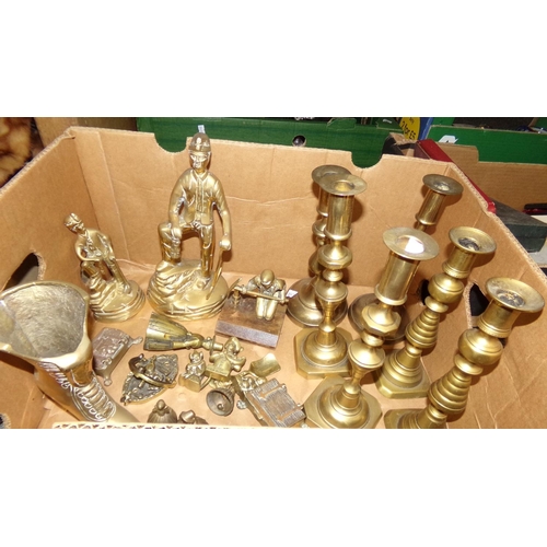 358 - Box of brassware: pair of, probably Georgian, brass candlesticks, seamed, with candle pushers and tw... 