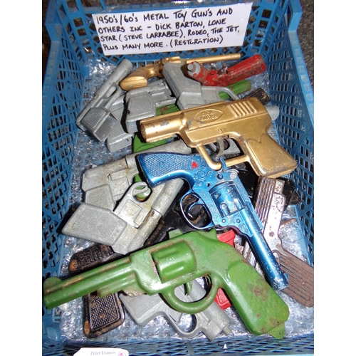 360 - Box of 1950's/60's metal toy guns: Dick Barton, Lone Star (Steve Larrabee), Rodeo, The Jet etc. 
(B.... 