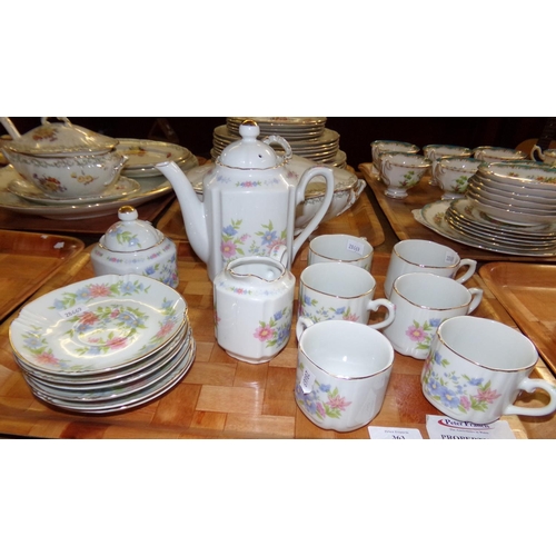 363 - Tray of Japanese coffee ware decorated with pastel coloured flowers on a white ground with gilt edgi... 