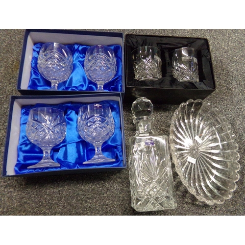 365 - Box of assorted glassware: four boxed Royal Worcester lead crystal brandy balloons, two boxed Stuart... 