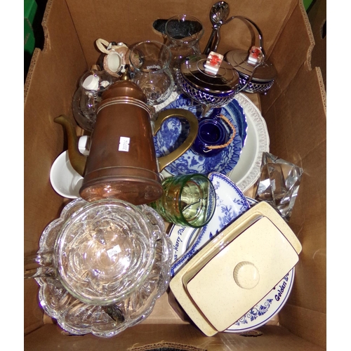 367 - Box of assorted china, glass and metalware: copper plated coffee pot with brass handle, spout and fi... 