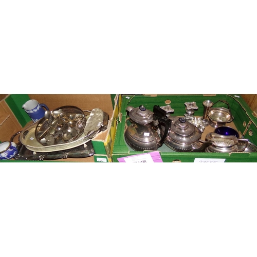 369 - Two boxes of, largely, metalware: Plato silver plated tea and coffee ware: coffee pot, teapot, sugar... 