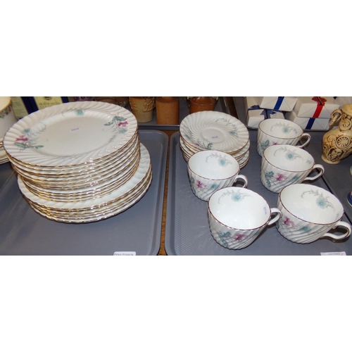 375 - Two trays of Aynsley 'Wayside' dinner and tea ware decorated with pastel coloured garden flowers and... 