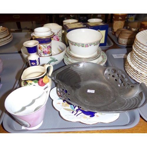 376 - Tray of assorted items: pewter Art Nouveau dish, flower shaped Wileman Foley 'Imari' style plate, Qu... 