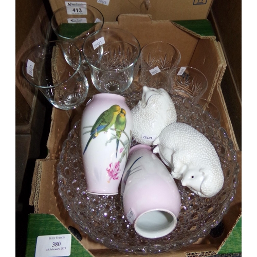 380 - Small box of glassware and ceramics: pair of Elvira budgerigar vases, two white ceramic hedgehogs, p... 