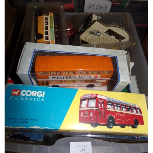 381 - Box of Corgi and other diecast vehicles in original packaging, to include: Cardiff Metrobus, Corgi C... 