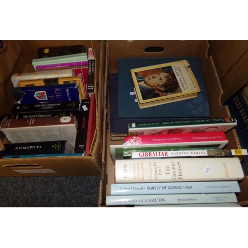 382 - Two boxes of reference books, local history, ceramics books etc.: 'The Buildings of Wales', 'Pembrok... 