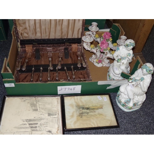 385 - Box of assorted items: box of fish knives and forks with ornate silver handles, pair of continental ... 