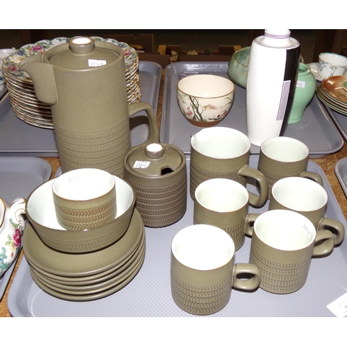 386 - Vintage Denby coffee set in brown ceramic: coffee pot, five coffee cups and six saucers, milk jug, s... 