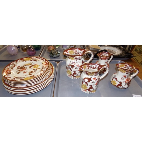 392 - Two trays of Mason's 'Brown Velvet' ironstone plates and jugs: five dinner plates and five side plat... 