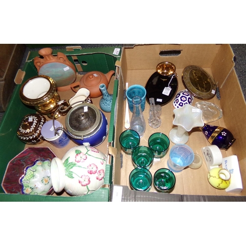 393 - Two boxes of assorted items: five green glass sherry glasses with clear glass stems, Lancastrian pot... 