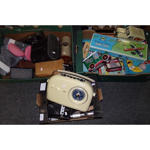 397 - Three boxes of items: vintage games -  Junior Scrabble, dominoes, etc. vintage Bush radio, Standard ... 