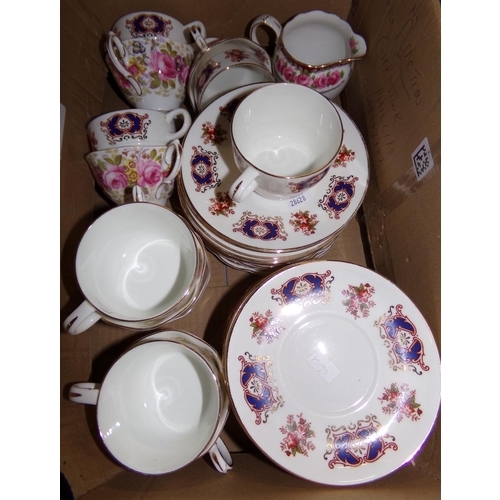 394 - Small box of teacups and saucers and tea plates, some Royal Albert 'Serena', Roslyn 'Buckingham' jug... 