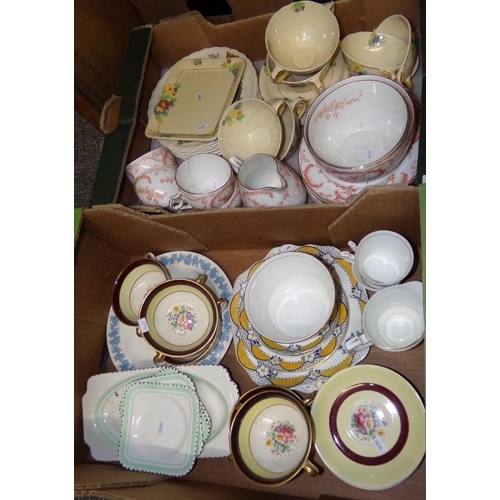 356 - Two boxes of assorted china: Art Deco Wetley china square sandwich and tea plates (English porcelain... 