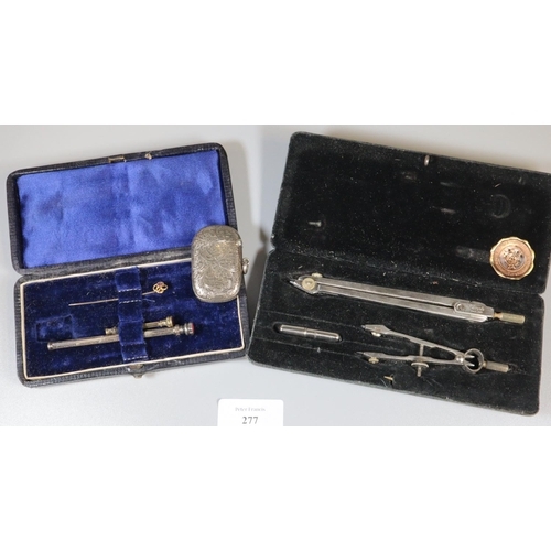 277 - Two silver propelling pencils with stone set terminals, a stone set 9ct gold stick pin, a cased draw... 